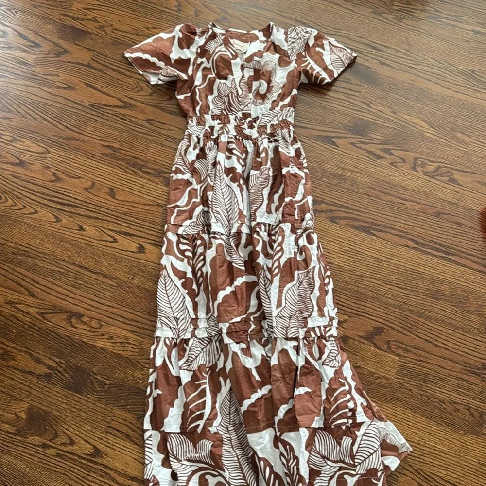 Anthropologie Brown and White Leaf Print Dress Somerset Maxi Dress